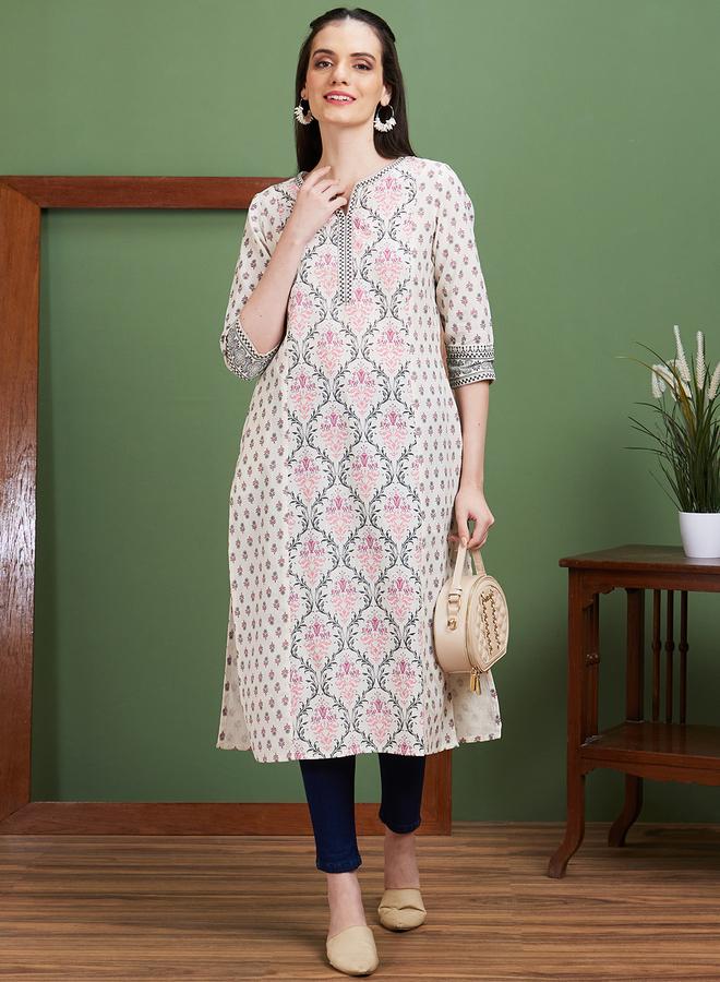 Globus Off White Ethnic Motifs Side Slits Paneled Straight Kurta - Image 1