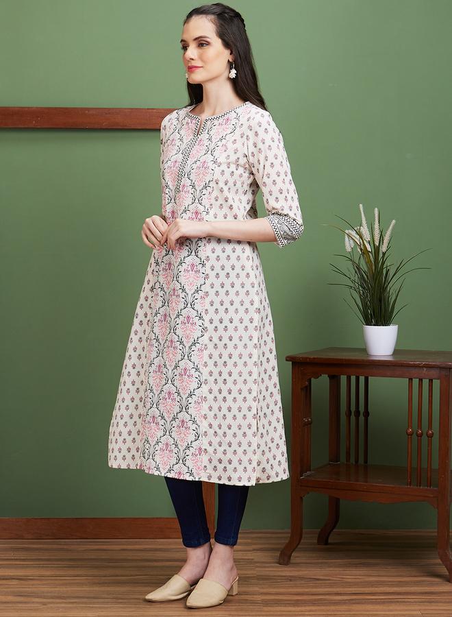 Globus Off White Ethnic Motifs Side Slits Paneled Straight Kurta - Image 2