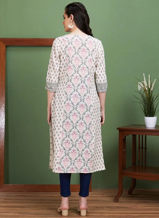 globus Globus Off White Ethnic Motifs Side Slits Paneled Straight Kurta