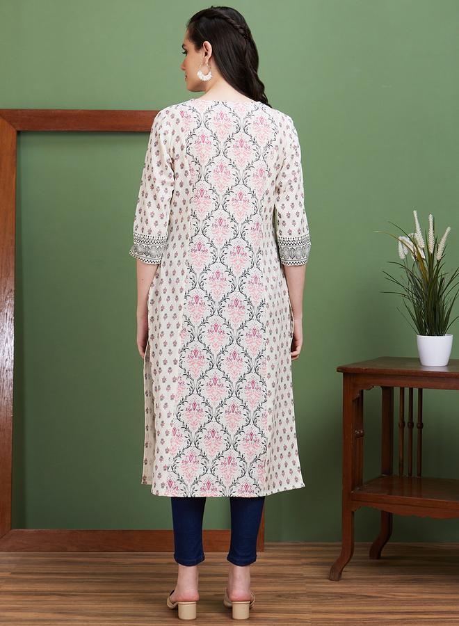 Globus Off White Ethnic Motifs Side Slits Paneled Straight Kurta - Image 3
