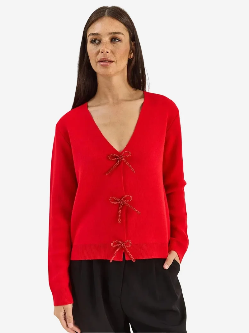 Bianco Lucci LUCCI Button Detailed Knit V-Neck Cardigan