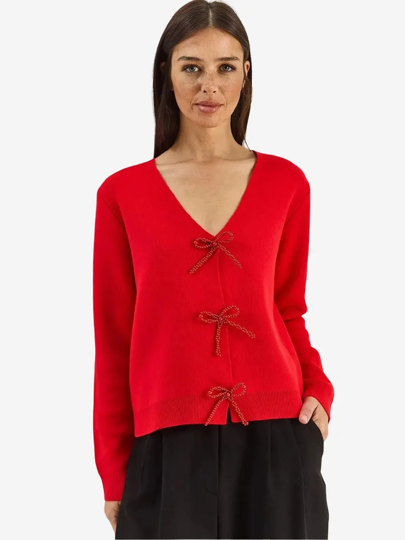Bianco Lucci LUCCI Button Detailed Knit V-Neck Cardigan