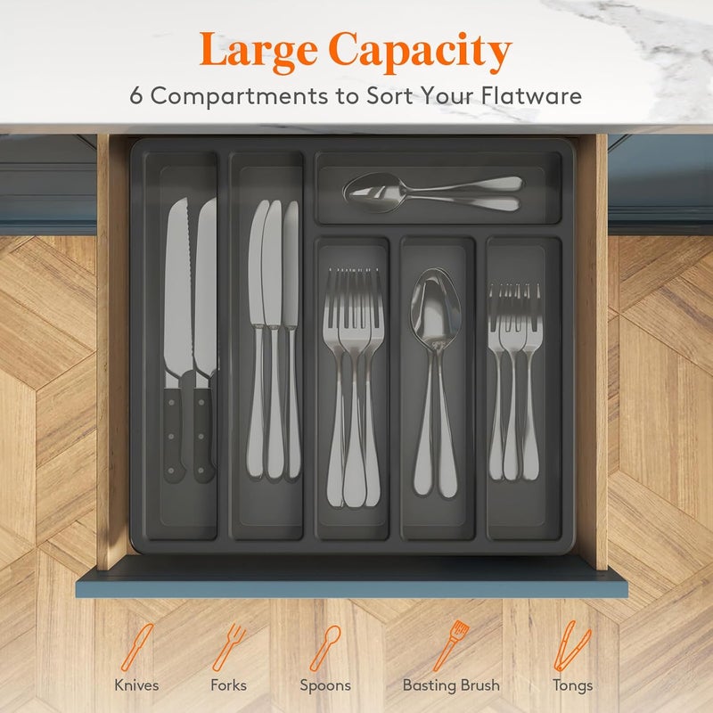 Lifewit Silverware Organizer with Lid, Covered Utensil Tray for Kitchen Drawer and Countertop, Plastic Cutlery and Flatware Storage Box for Spoons Forks Knives Holder Case, 6 Compartments, Black - Image 3