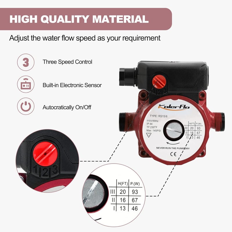KolerFlo 3/4 Inch Hot Water Circulating Pump 3-Speed Circulation Water Pump for Solar Heater System(RS15-6 Red) - Image 5
