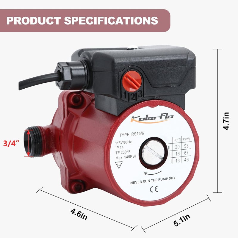 KolerFlo 3/4 Inch Hot Water Circulating Pump 3-Speed Circulation Water Pump for Solar Heater System(RS15-6 Red) - Image 3