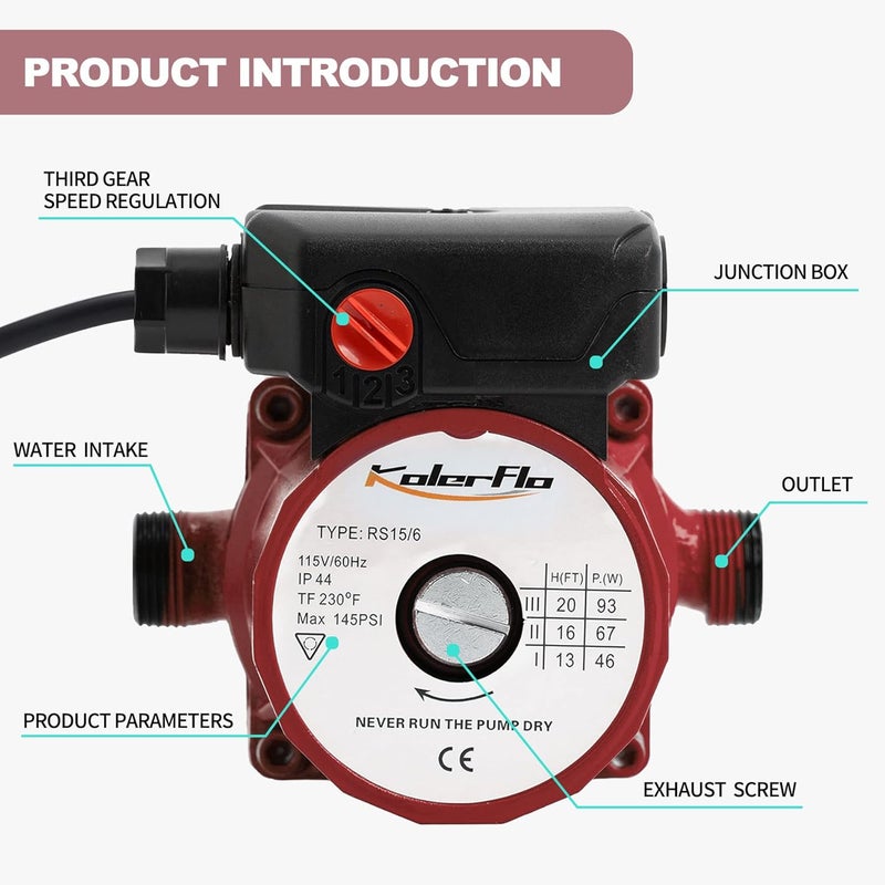 KolerFlo 3/4 Inch Hot Water Circulating Pump 3-Speed Circulation Water Pump for Solar Heater System(RS15-6 Red) - Image 4