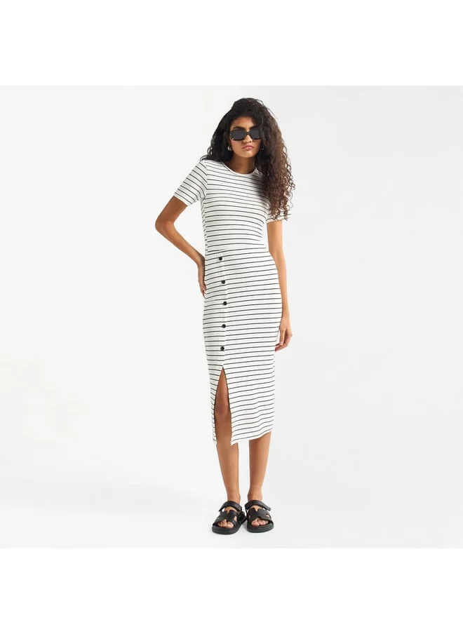 FAV Striped Midi Dress with Round Neck and Slit Detail