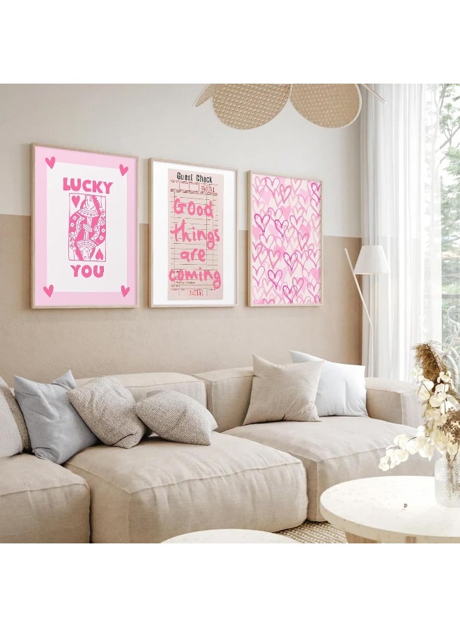 EMODA Lucky You Pink Wall Art Guest Check Preppy Wall Decor Trendy Aesthetic Canvas Wall Art Funky Retro Poster Hearts Cute Picture Prints Inspirational Artwork for Room Bedroom 16x24 Inch Unframed Set of 3 - Image 2
