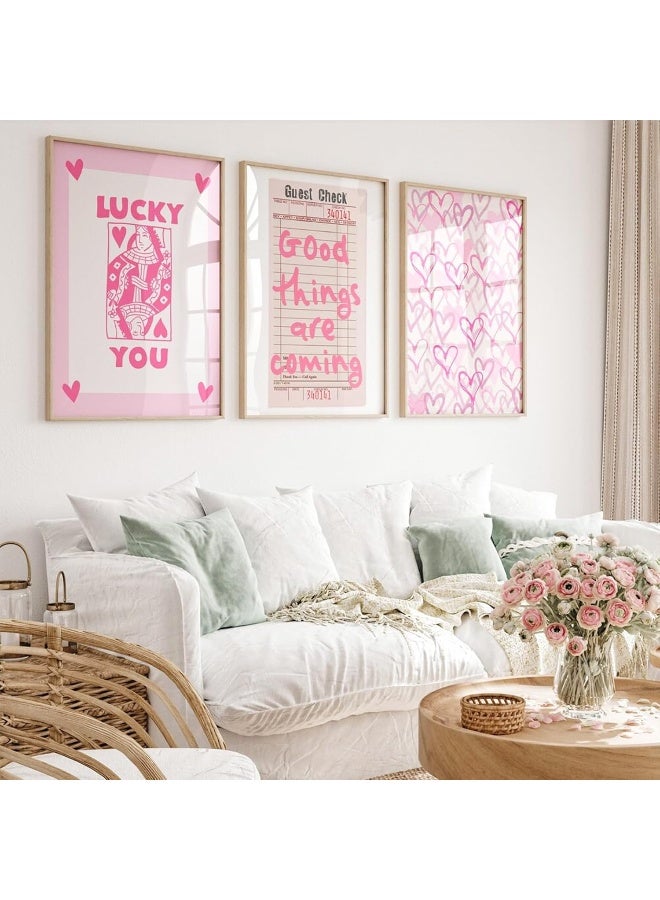 EMODA Lucky You Pink Wall Art Guest Check Preppy Wall Decor Trendy Aesthetic Canvas Wall Art Funky Retro Poster Hearts Cute Picture Prints Inspirational Artwork for Room Bedroom 16x24 Inch Unframed Set of 3 - Image 1