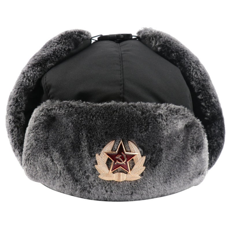 Imitation wool blizzard ear cap with badge, outdoor cold-proof waterproof thermal cap - Image 1