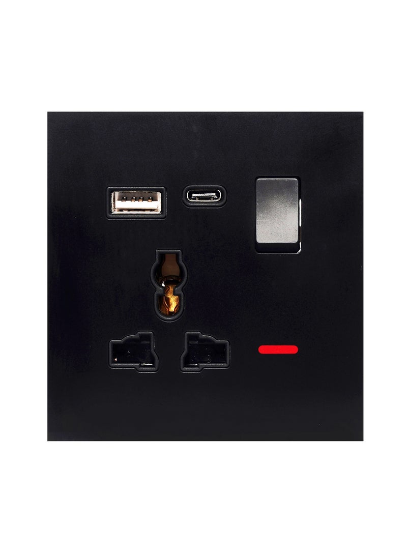 Donmarco Single MF Socket 13A USB + Type-C (5V 3.1A) – Ultra Thin Glass , Fire-Resistant Electric Outlet , 3-Year Warranty ,Fast Charging, Multi-Function (Matt Black) Power Outlet  - Image 1