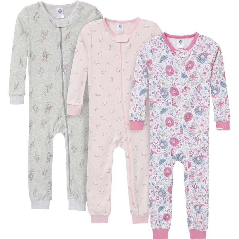 Gerber Baby-Girls 3-Pack Snug Fit Footless One-Piece Cotton Pajamas, Woodland Floral, 18 Months - Image 1