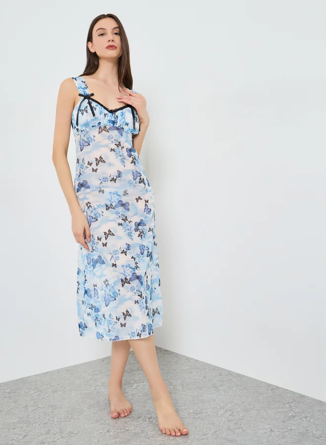 Take Two Blue Butterfly Print Sleeveless Nightdress