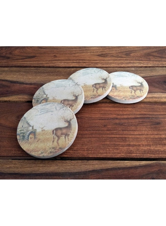 SANDSTERS Natural Sandstone Deer Printed Absorbent Beverage Coasters Set of 4Pcs