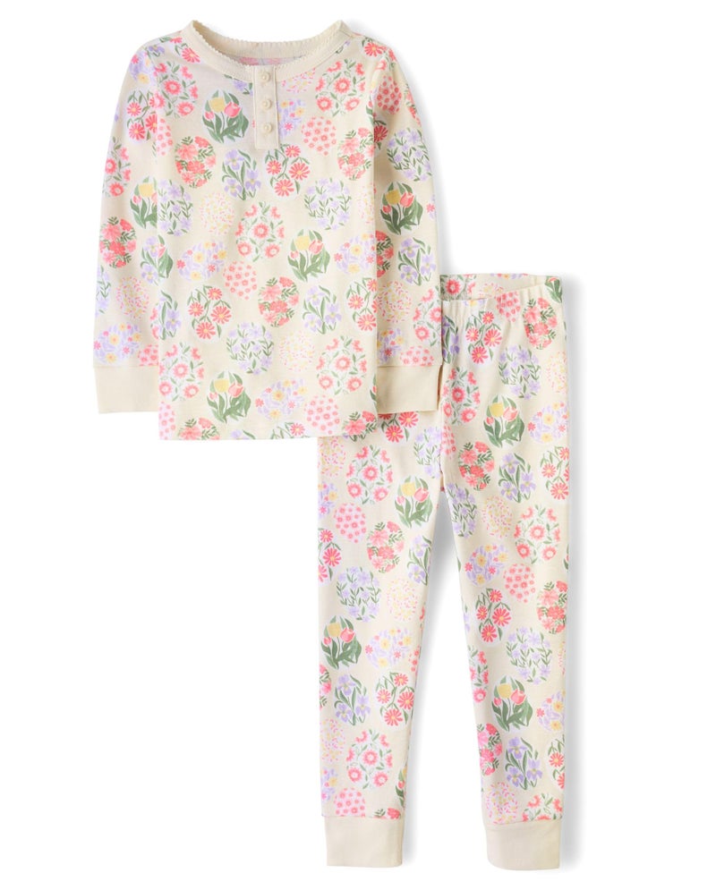 Gymboree,Girls,and Toddler 100% Cotton Henley Long Sleeve Top and Pants,Gymmies Pajama Set,Festive Eggs,7 - Image 1