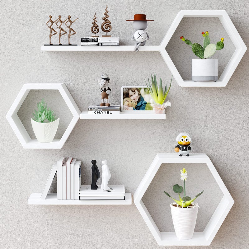 Wooden Hexagon Floating Shelves Wall Mounted  Set of 6 Pine Wood Hexagon Shelves Display for PhotosPlantsRustic Honeycomb Shelves for Living Room BedroomBathroom Kitchen Office White