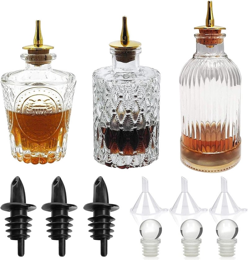 LINALL Bitters Bottle Set - Glass Vintage Bottle, Decorative Bottles with Dash Top, Dasher Bottles for Making Cocktail Great For Bartender Home Bar (3 pack) - Image 1