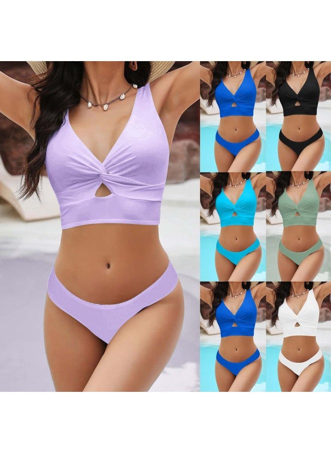 Generic 2025 Swimsuit AliExpress Solid Color Split Bikini Swimsuit-Color:lake Blue Trousers-  - Image 2