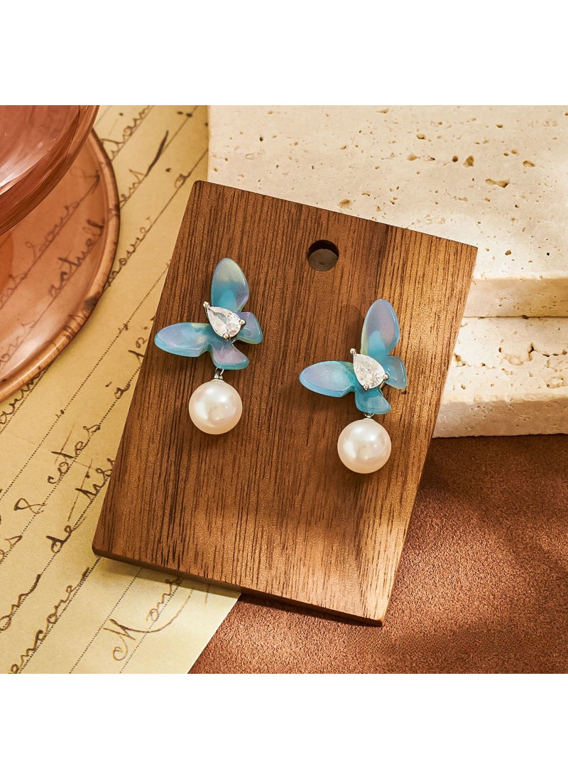 Generic - Mint Mambo Green Elegant Stud Earrings S925 Blue butterfly pearl earrings (S925 silver needle) a pair - Image 1
