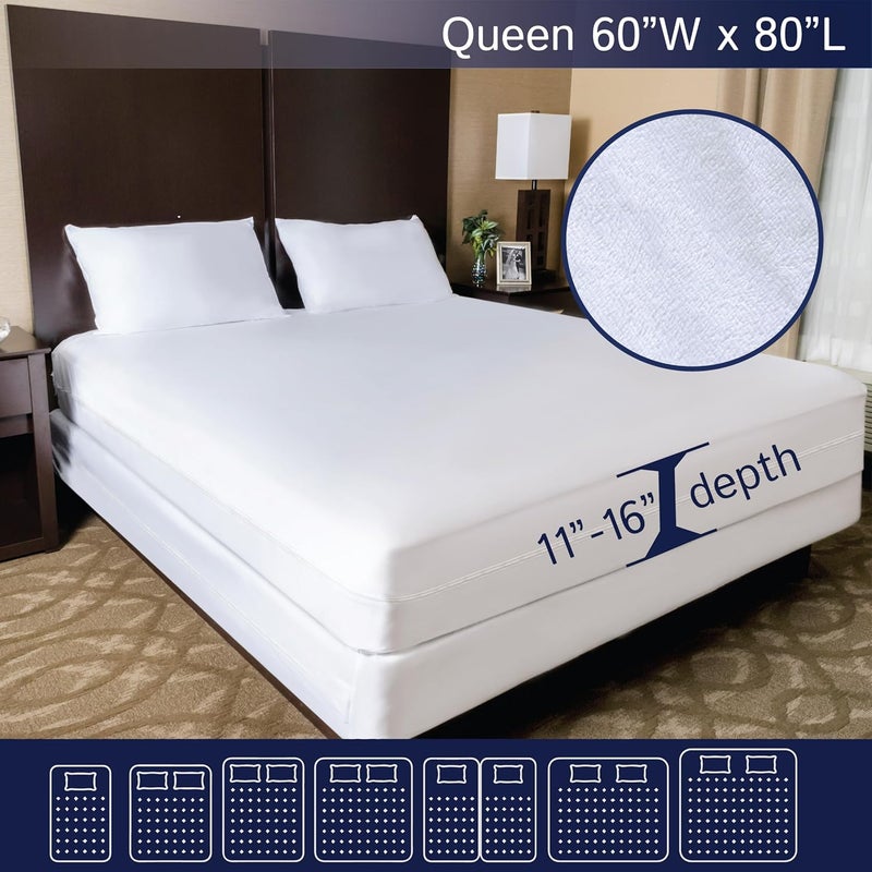Four Seasons Essentials Zippered Waterproof Mattress Encasements - Hypoallergenic Mattress Protector Cover with Soft Cotton Terry Fabric Top - Queen Size 60' x 80' - Image 2