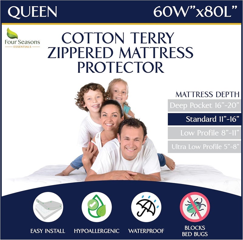 Four Seasons Essentials Zippered Waterproof Mattress Encasements - Hypoallergenic Mattress Protector Cover with Soft Cotton Terry Fabric Top - Queen Size 60' x 80' - Image 1