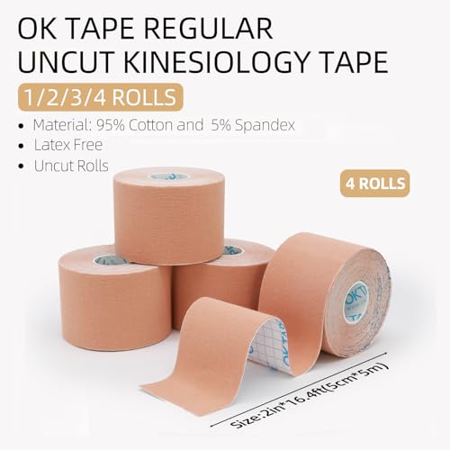 OK TAPE Regular Kinesiology Tape (4 Pack), Original Cotton Athletic Tape for Support Muscle Joint Knee, Sports Waterproof Tape Uncut Strips Latex Free, Hypoallergenic, 2in×16.4ft - Beige - Image 2