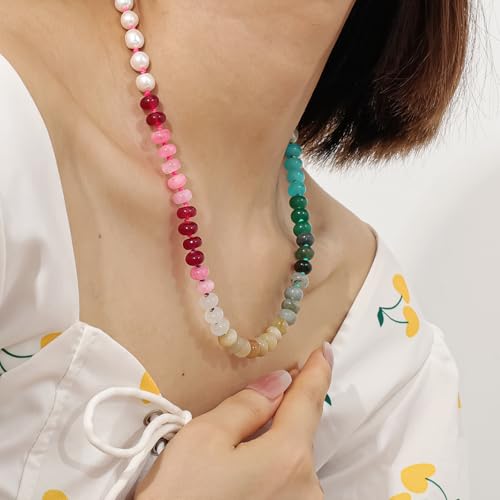 Qitian Beaded Gemstone Necklace for Women Colorful Rainbow Boho Bead Choker Necklace Natural Stone Necklace Surfer Beach Necklace Summer Necklaces Handmade Rainbow Jewelry Gifts - Image 3
