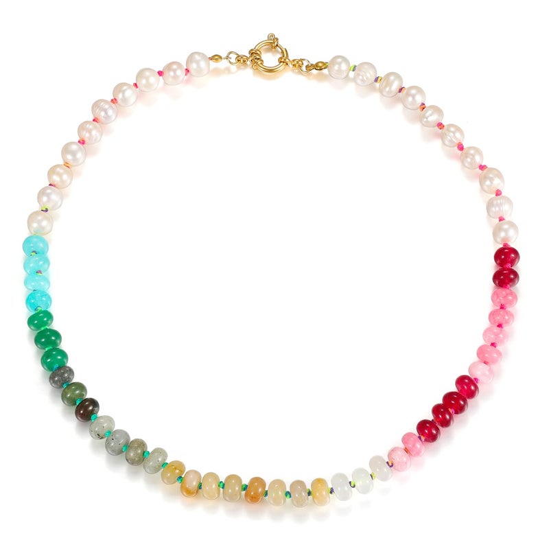 Qitian Beaded Gemstone Necklace for Women Colorful Rainbow Boho Bead Choker Necklace Natural Stone Necklace Surfer Beach Necklace Summer Necklaces Handmade Rainbow Jewelry Gifts - Image 2