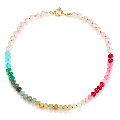 Qitian Beaded Gemstone Necklace for Women Colorful Rainbow Boho Bead Choker Necklace Natural Stone Necklace Surfer Beach Necklace Summer Necklaces Handmade Rainbow Jewelry Gifts - Image 1