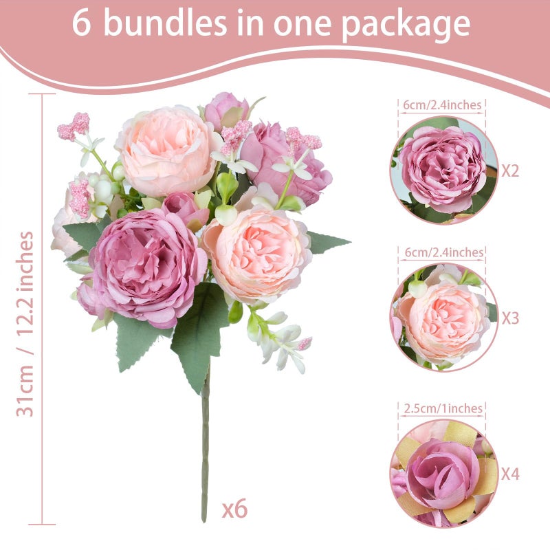 Aumveyi 6 Pcs Peonies Artificial Flowers Bulk  Mixed Pink Silk Peonies Fake Bouquet For Floral Centerpieces Red Realistic Faux Peony Flower For Flower Arrangements Wedding Decoration Vase - Image 2