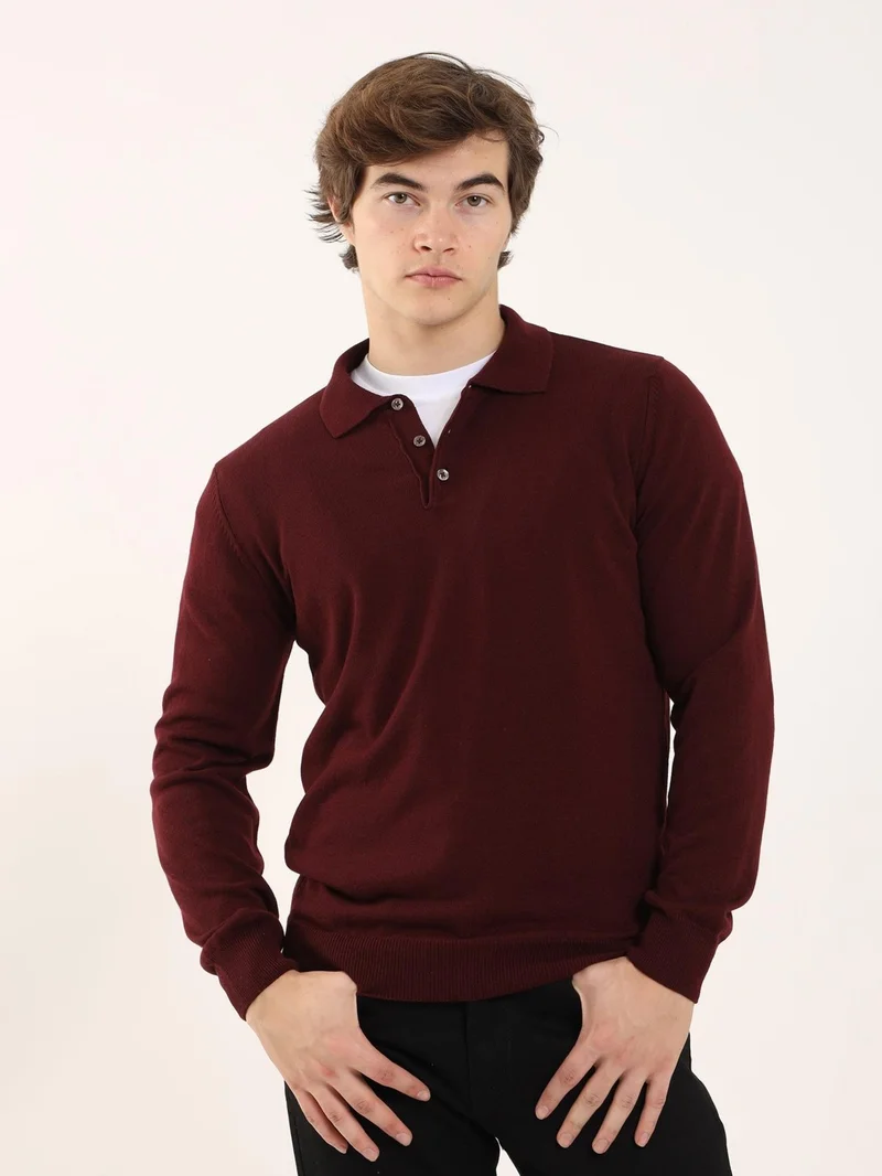 Claret Red Men's Slim Fit Polo Neck Knitwear - 91137