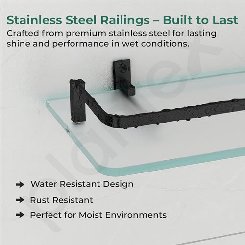 Plantex Premium Frosted Bathroom Glass Shelf/Kitchen/Glass Shelf for Bathroom Wall/Living Room with Brass Railings and Brackets(Transparent, Black – 12 x 6 inches - Pack of 1) - Image 3