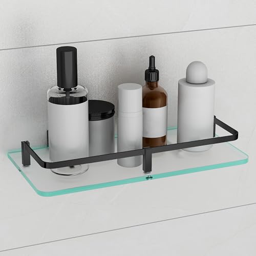 Plantex Premium Frosted Bathroom Glass Shelf/Kitchen/Glass Shelf for Bathroom Wall/Living Room with Brass Railings and Brackets(Transparent, Black – 12 x 6 inches - Pack of 1) - Image 1