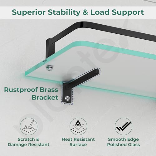 Plantex Premium Frosted Bathroom Glass Shelf/Kitchen/Glass Shelf for Bathroom Wall/Living Room with Brass Railings and Brackets(Transparent, Black – 12 x 6 inches - Pack of 1) - Image 4