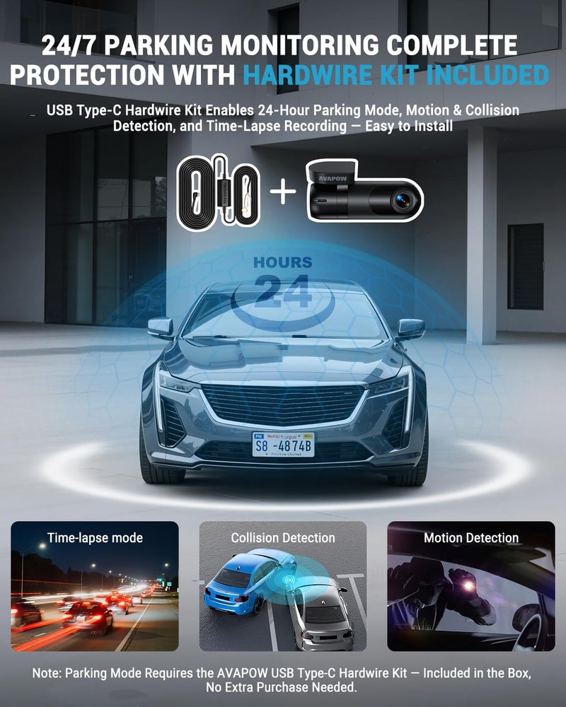 AVAPOW 4K Dash Cam Front for Cars, Free Hardwire Kit & 64GB Sd Card Included â€“ WiFi 6, App Control, UHD 2160P, Built-in G-Sensor, Loop Recording, Night Vision, 170Â° Wide Angle, 24H Parking, WDR - Image 5