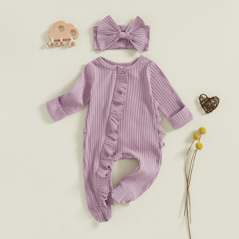 Ayalinggo Baby Girl Fall Winter Outfits - Knit Jumpsuit & Ruffle Romper for Newborns (Purple) - Image 2