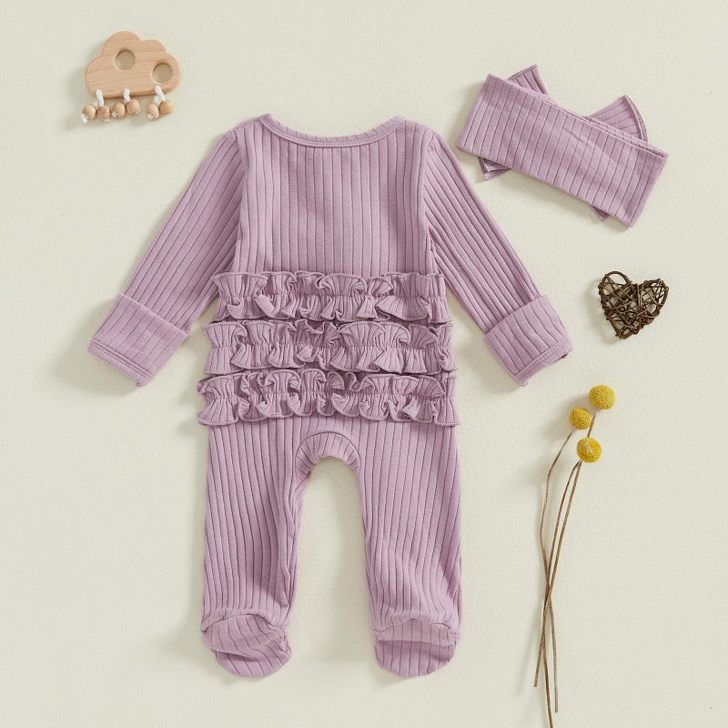 Ayalinggo Baby Girl Fall Winter Outfits - Knit Jumpsuit & Ruffle Romper for Newborns (Purple) - Image 3