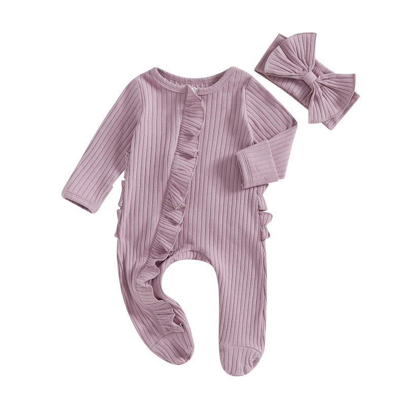 Ayalinggo Baby Girl Fall Winter Outfits - Knit Jumpsuit & Ruffle Romper for Newborns (Purple) - Image 1