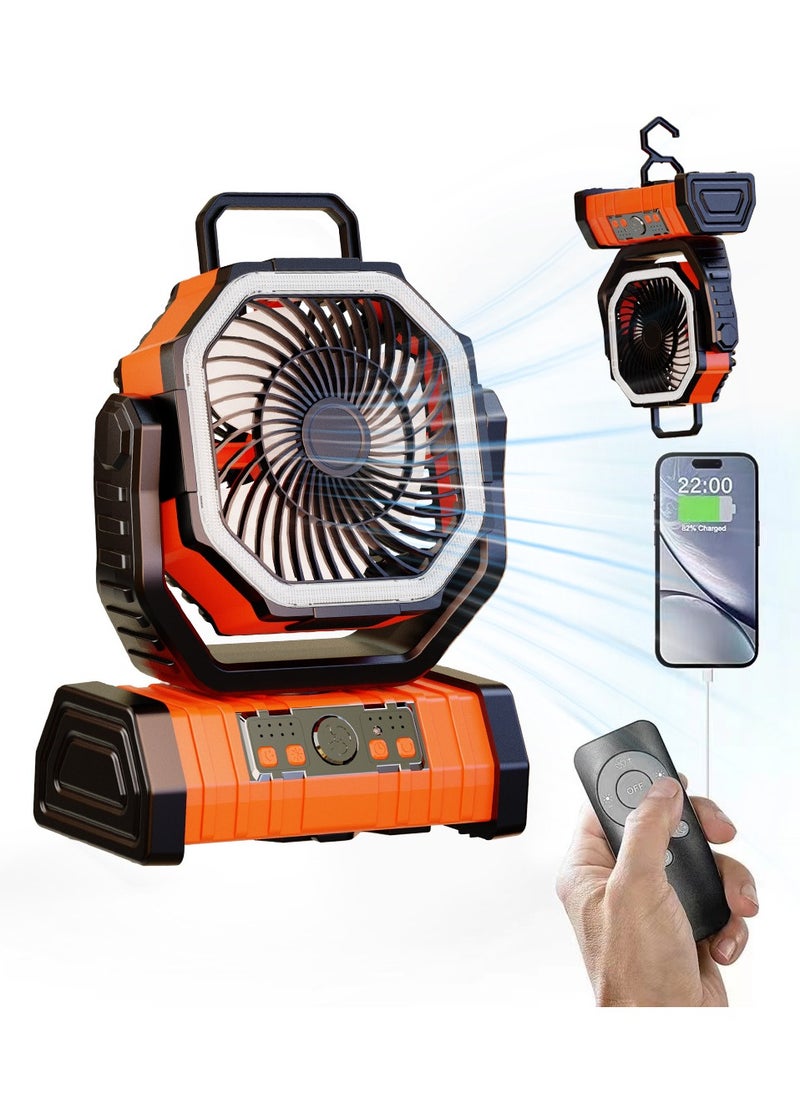 Joyelink - مروحة تخييم 10000 مللي أمبير مع أضواء LED، محور 270¬∞، نطاق طويل للغاية 4 سرعات، تشغيل قابل لإعادة الشحن، جهاز تحكم عن بعد ومروحة تخييم بخطاف، تستخدم للتخييم وصيد الأسماك والسفر في الهواء الطلق - Image 1