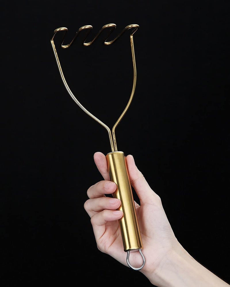 HOMQUEN Gold Potato Masher, Stainless Steel Heavy Duty Metal Potato Ricer With Titanium Golden Plating, Food Masher Utensil, Hand Masher, Vegetables Fruits Mashe, Dishwasher Safe (9.6 Inch) - Image 4