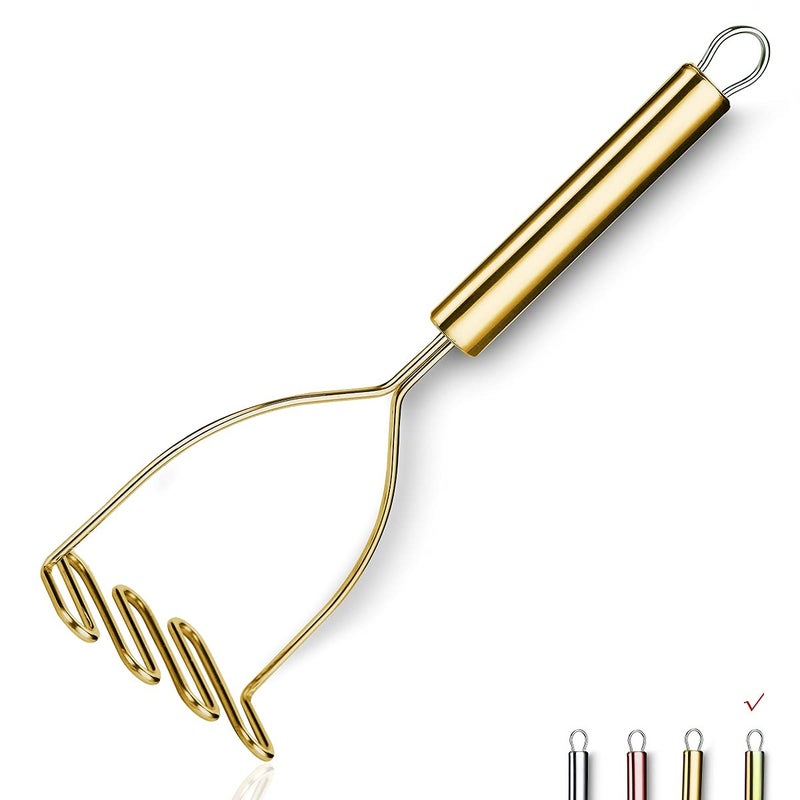 HOMQUEN Gold Potato Masher, Stainless Steel Heavy Duty Metal Potato Ricer With Titanium Golden Plating, Food Masher Utensil, Hand Masher, Vegetables Fruits Mashe, Dishwasher Safe (9.6 Inch) - Image 1