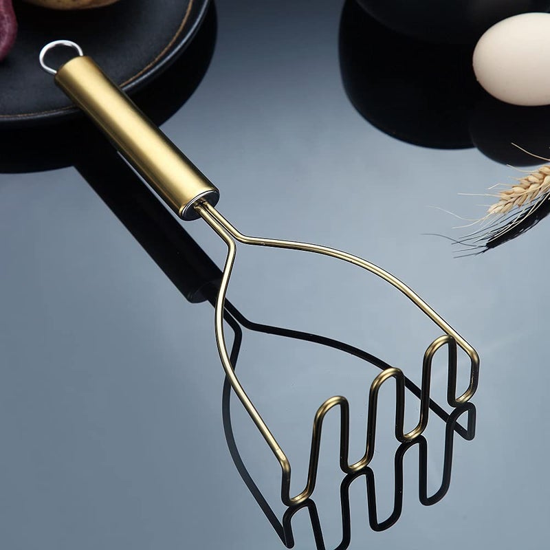 HOMQUEN Gold Potato Masher, Stainless Steel Heavy Duty Metal Potato Ricer With Titanium Golden Plating, Food Masher Utensil, Hand Masher, Vegetables Fruits Mashe, Dishwasher Safe (9.6 Inch) - Image 3