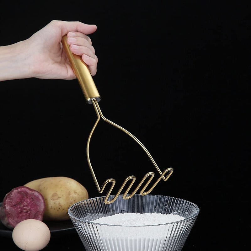 HOMQUEN Gold Potato Masher, Stainless Steel Heavy Duty Metal Potato Ricer With Titanium Golden Plating, Food Masher Utensil, Hand Masher, Vegetables Fruits Mashe, Dishwasher Safe (9.6 Inch) - Image 5