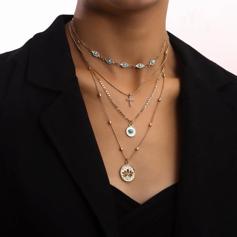 MAQVQLU Gold Layered Necklace for Women Summer Boho Layered Stacked Pendant Necklace Country Concert Necklace Turquoise Coin Long Necklace - Image 3