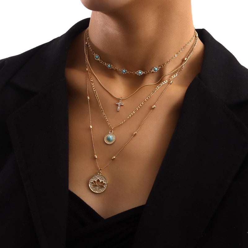 MAQVQLU Gold Layered Necklace for Women Summer Boho Layered Stacked Pendant Necklace Country Concert Necklace Turquoise Coin Long Necklace - Image 2