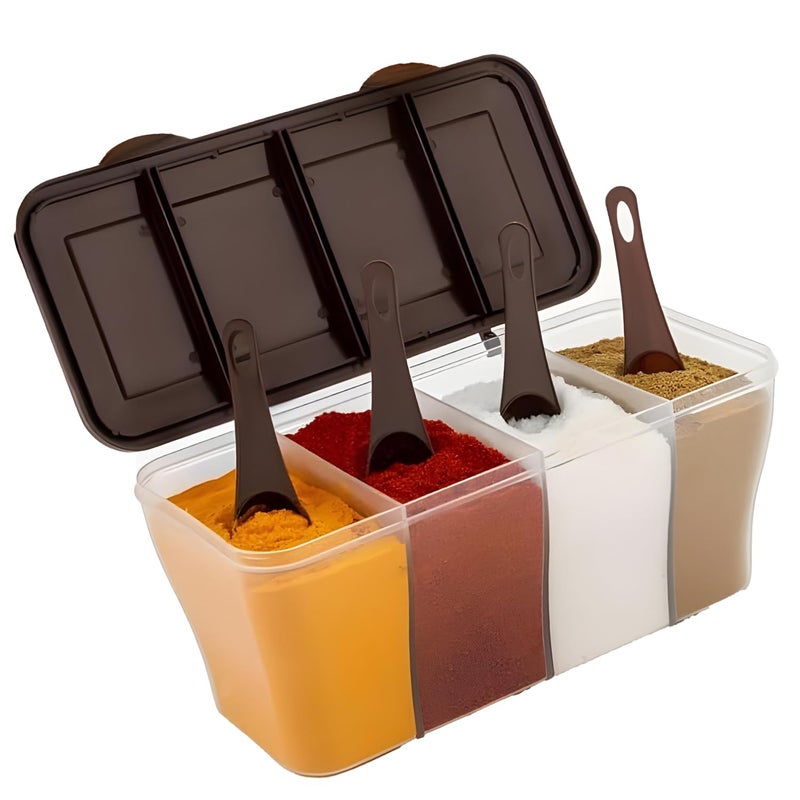 Oblivion Masala Box 4-in-1 Spice Containers – Plastic Kitchen Storage Small Multipurpose Dabba, Transparent Airtight with Multicolor Lids & Spoons, Multi-Compartment for Pickle, Dry Fruits, Spices - Image 1