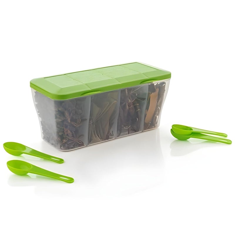 Oblivion Masala Box 4-in-1 Spice Containers – Plastic Kitchen Storage Small Multipurpose Dabba, Transparent Airtight with Multicolor Lids & Spoons, Multi-Compartment for Pickle, Dry Fruits, Spices - Image 2