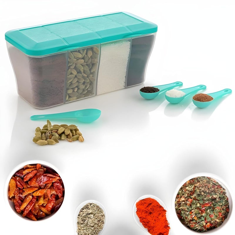 Oblivion Masala Box 4-in-1 Spice Containers – Plastic Kitchen Storage Small Multipurpose Dabba, Transparent Airtight with Multicolor Lids & Spoons, Multi-Compartment for Pickle, Dry Fruits, Spices - Image 5