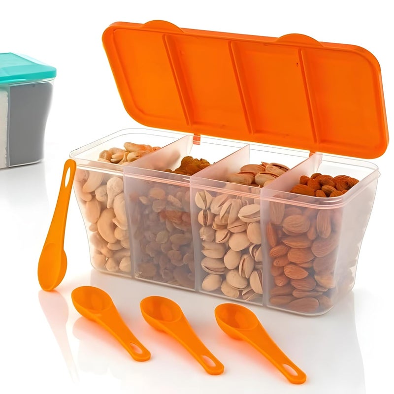 Oblivion Masala Box 4-in-1 Spice Containers – Plastic Kitchen Storage Small Multipurpose Dabba, Transparent Airtight with Multicolor Lids & Spoons, Multi-Compartment for Pickle, Dry Fruits, Spices - Image 3