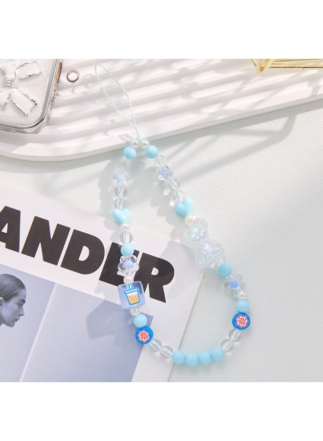 NIBEMINENT Phone Charm/ Chain Strap for Women Girls, Crystal Bead Bow Cell Phone Case Lanyard Wrist Strap，Light Blue